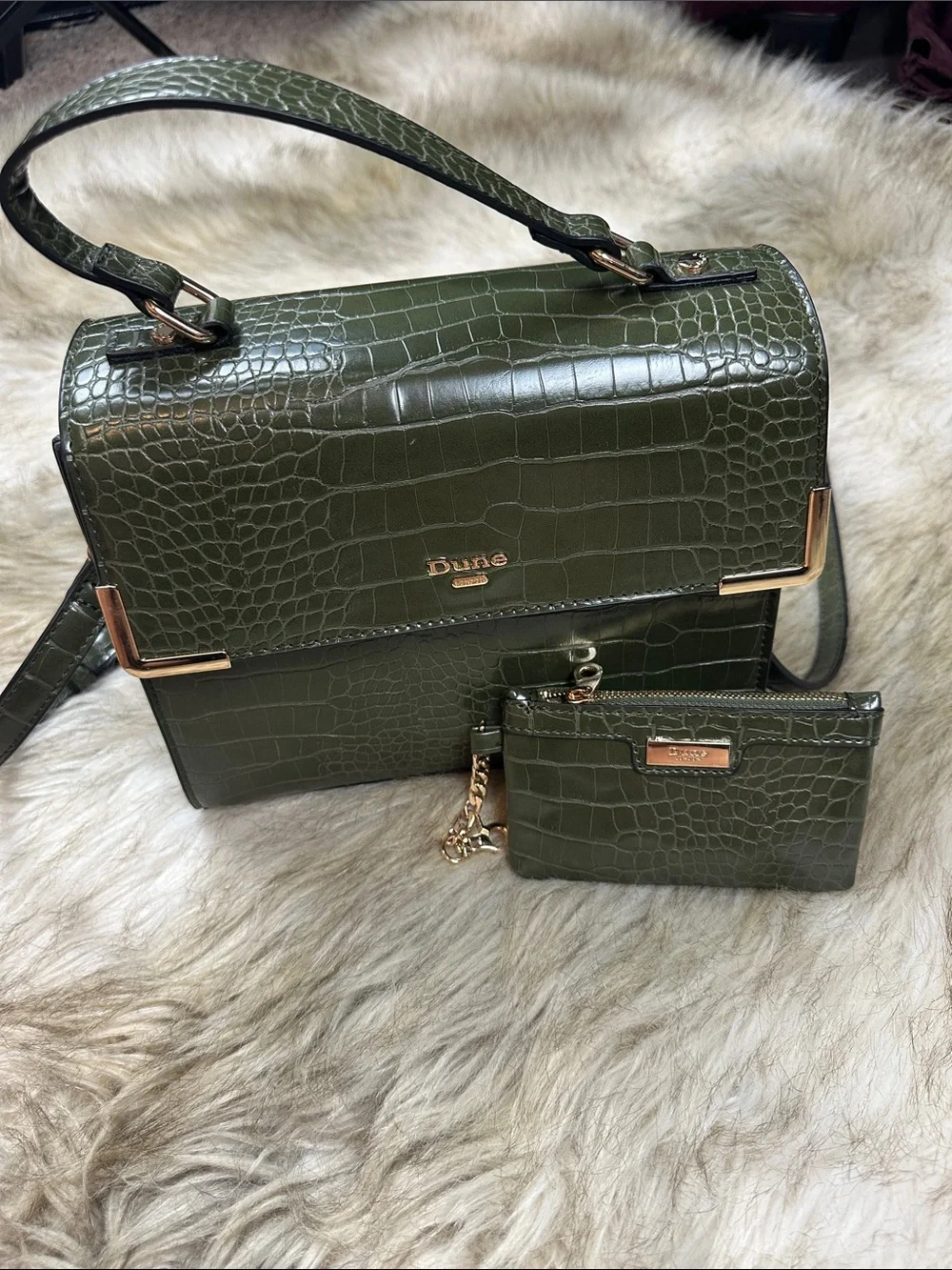 Dune London Olive Green Croc Embossed Crossbody Bag + Matching Coin Pouch NWOT